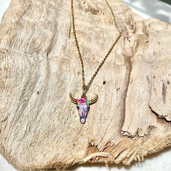 Horn/floral skull candy boho rustic gold necklace southwestern equestrian vibe - Picture 9 of 12